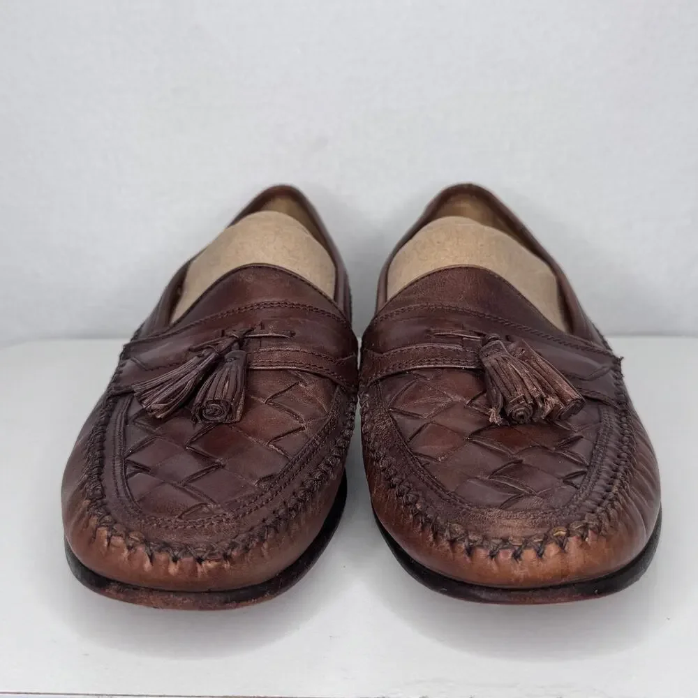 1990s Johnston & Murphy Brown Leather Preppy Woven Tassel Loafers Men’s 10.5M